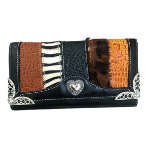 Brighton Western Animal Print Leather Wallet with Silver Heart Accent‎ $225